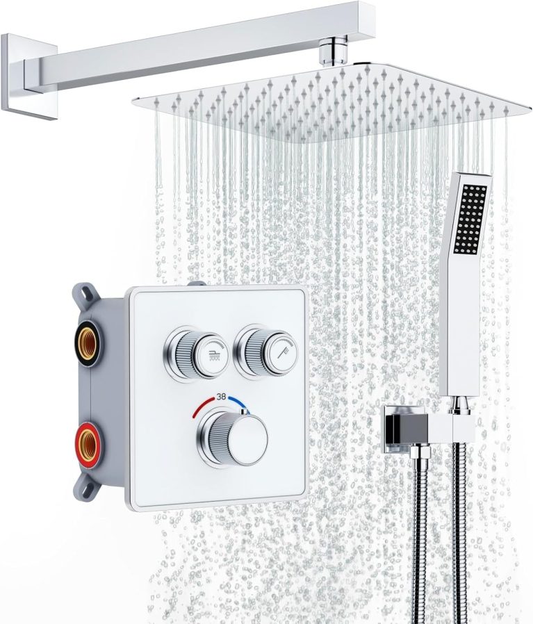 Rainsworth Système Douche Encastrable avec Thermostat 38°C, 25x25cm, ensemble mitigeur encastrable, débit réglable, kit douche, pommeau douche 10 pouces, mitigeur laiton, chromé